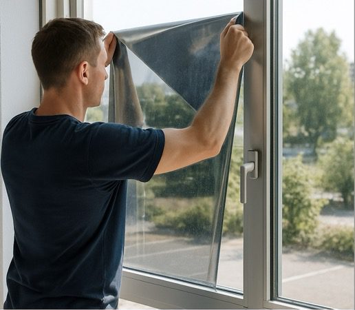 Pose de film solaire en occitanie. Poseur place un film solaire sur une vitre pour un particulier à Ganges
