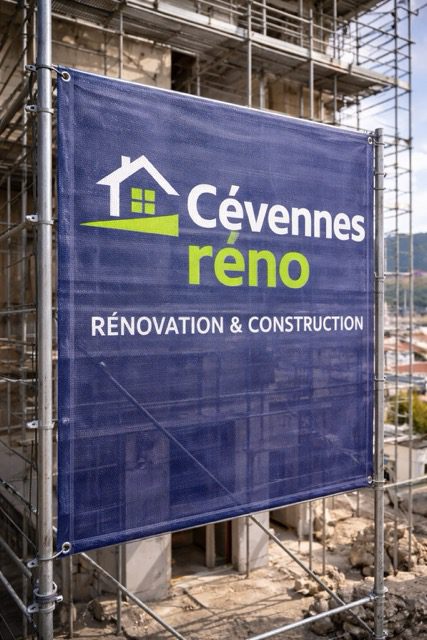 Bâche-de-chantier-micro-perforée-sur-échafaudage–communication-artisan-BTP-à-Ganges Bâche de chantier micro-perforée pour entreprise du BTP réalisée par JPB Communication à Ganges dans les Cévennes