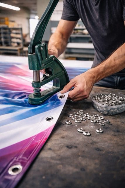 impression et pose oeillets sur banderole publicitaire atelier JPB Communication