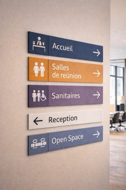 Signalétique intérieure professionnelle réalisée à Ganges pour bureaux, commerces et établissements recevant du public