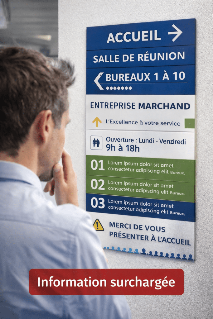 Exemple de signalétique professionnelle surchargée avec trop d’informations dans un hall d’accueil d’entreprise