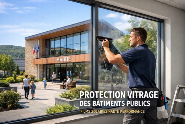 Pose d’un film solaire sur une grande vitre dans un bâtiment public de type mairie pour améliorer le confort thermique, réduire l’éblouissement et protéger les espaces intérieurs.