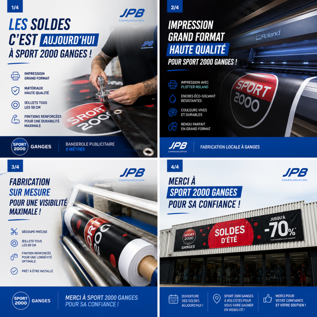Etape d'impression et fabrication de bâche publicitaire pour magasin et association Ganges