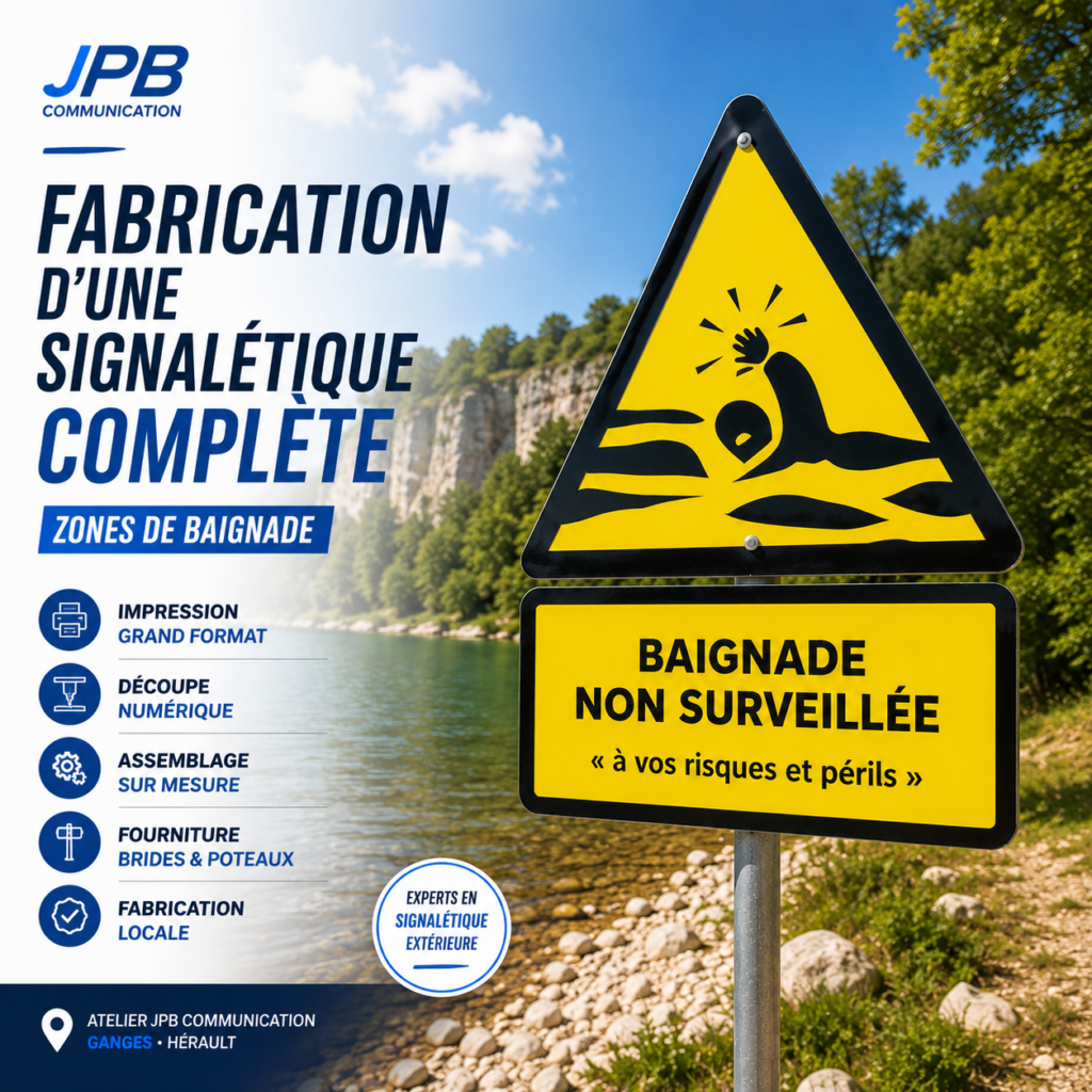 Fabrication complète d'une signalétique pour zone de baignade à Ganges Hérault par JPB communication Fabrication de panneaux « Baignade non surveillée » pour la Communauté de Communes Ganges & Sumène, impression HD sur Dibond® 3 mm avec protection UV et découpe numérique CNC.