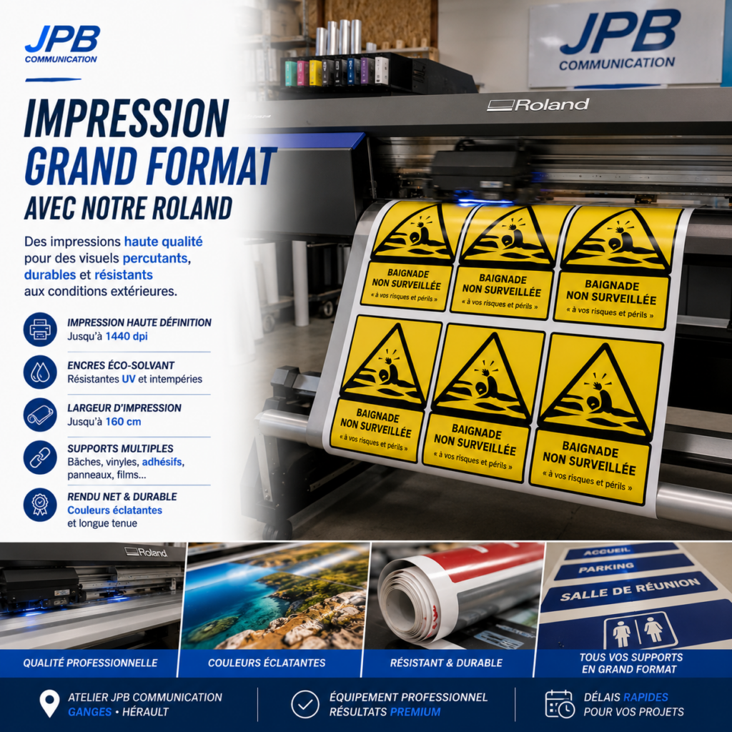 Impression de panneau signalétique avec imprimante grand format Roland - par JPB Communication