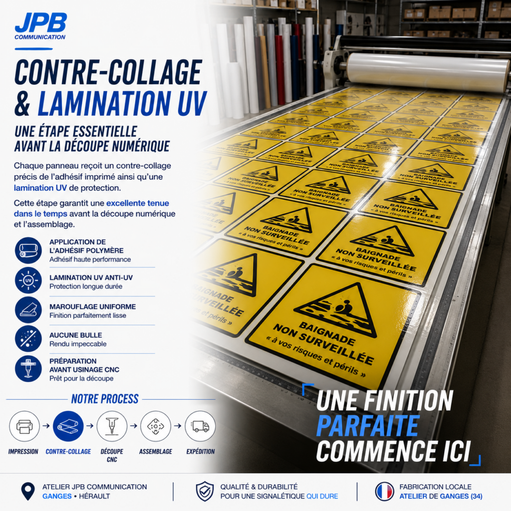 Lamination fabrication de panneaux signalétique et signalisation par JPB pour collectivité Ganges