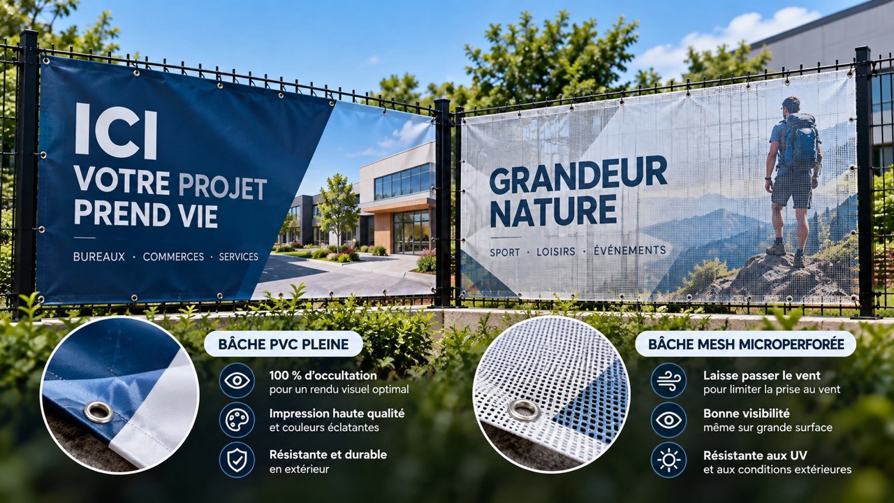 Comparaison entre une bâche PVC pleine et une bâche mesh microperforée en extérieur