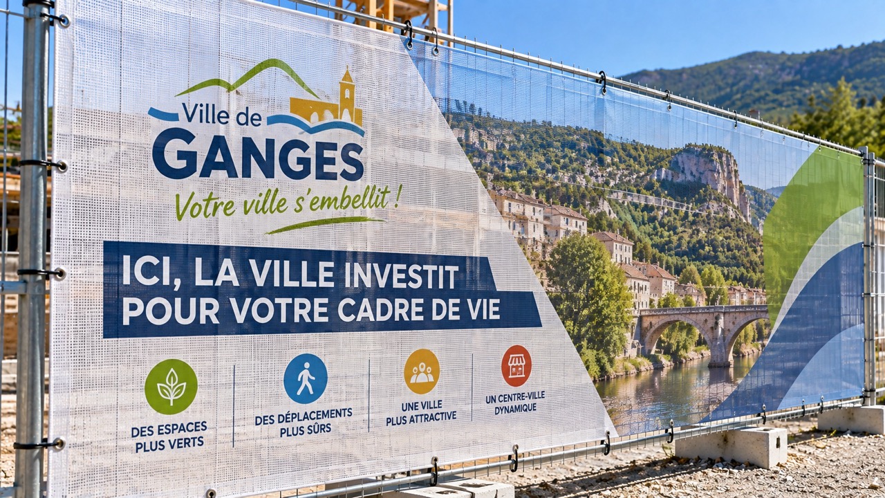 Exemple de bâche mesh microperforée installée sur une clôture de chantier