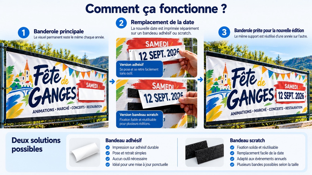 Banderole événementielle réutilisable avec une date interchangeable