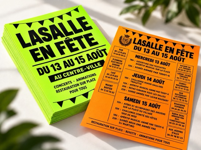 Affiches fluorescentes vertes et orange imprimées pour un événement à Lasalle